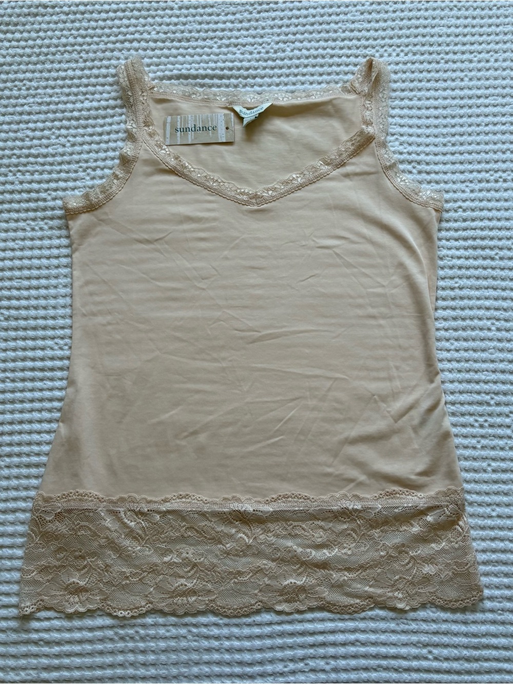 NWT Sundance Elan Tank Lace Trim V Neck Blush Peach Nude Camisole Size L